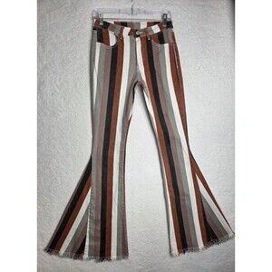 Womens Retro Stripe Flare Pants 28 Fringe Hem Bell Bottoms Boho Festival Grunge